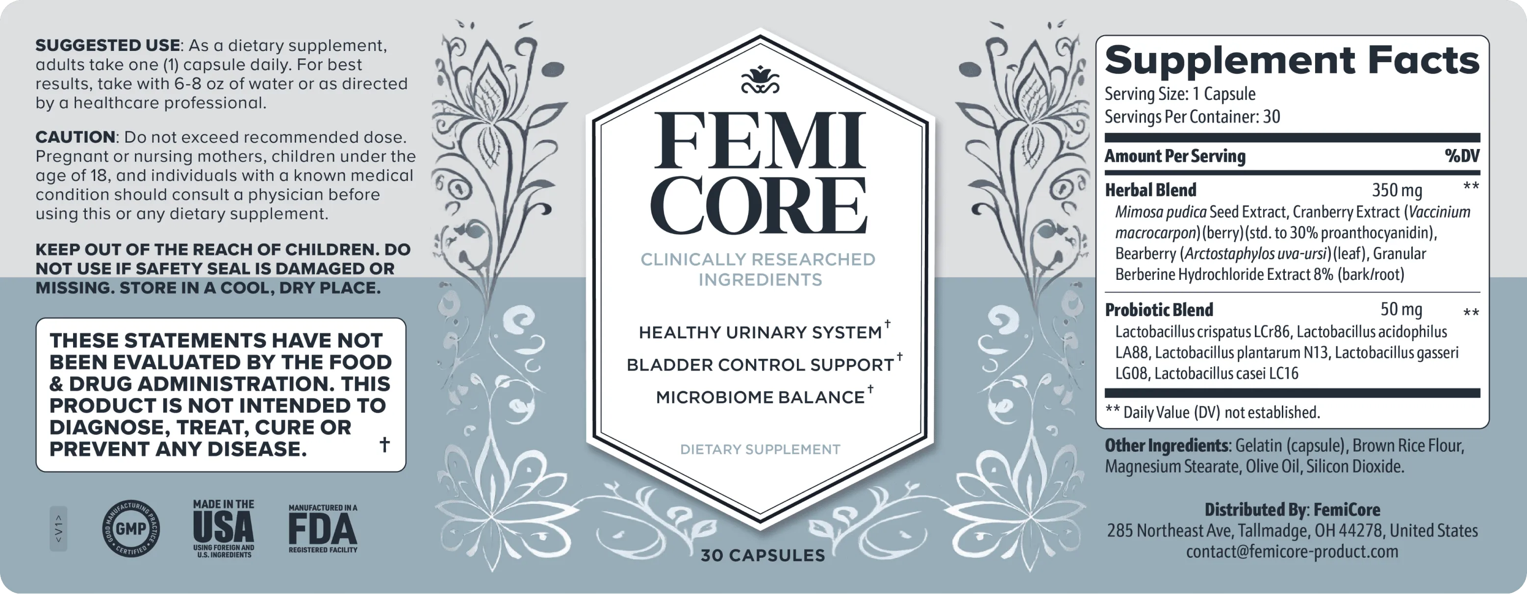 FemiCore Supplement Facts Label - Herbal Blend and Probiotic Blend